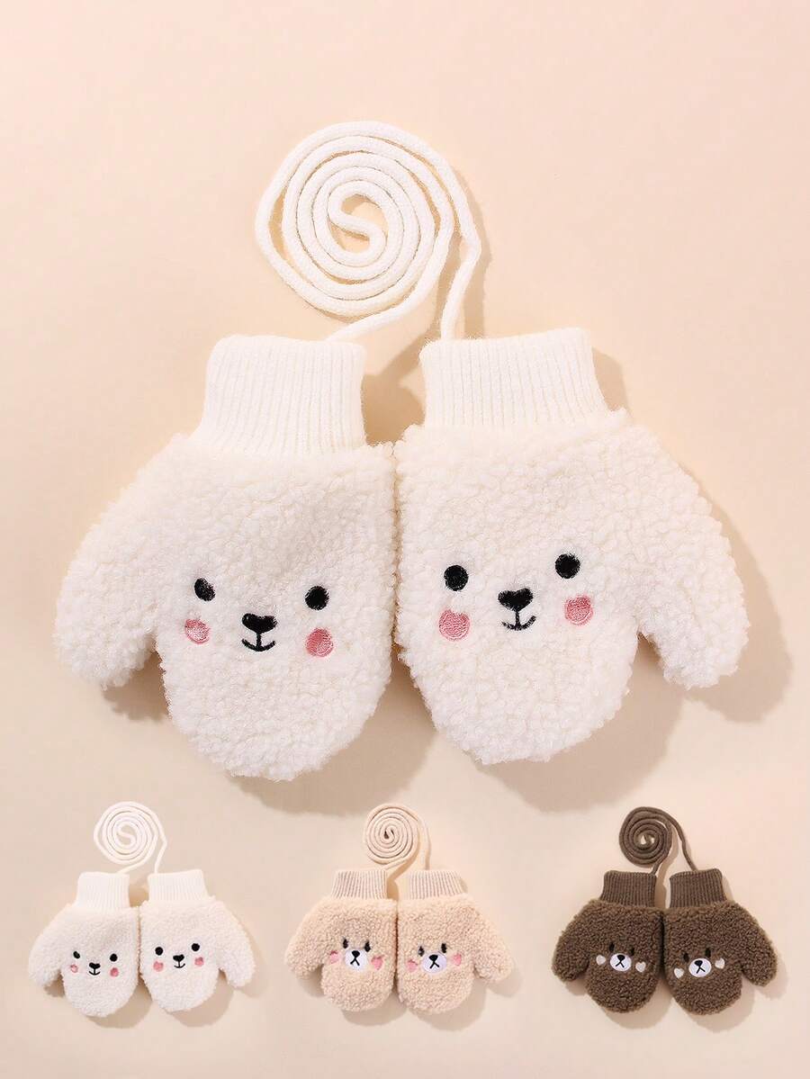 1双婴儿纯色羊毛保暖手套,厚实舒适,适合秋冬季 - 1Pair - 查看 1