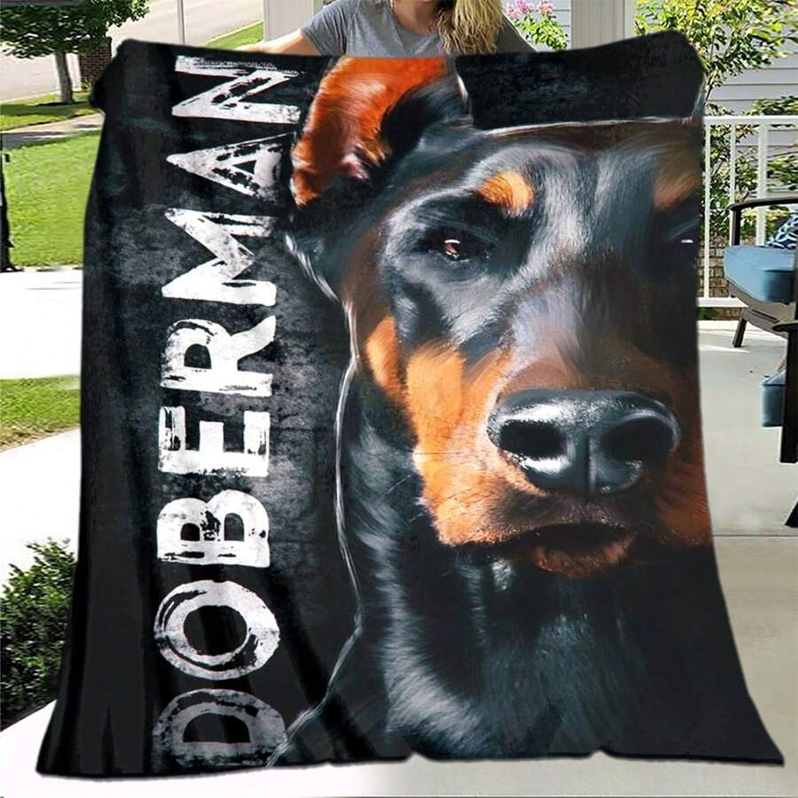 Doberman Printed Flannel Throw Blanket - Soft Polyester Knit, Digital Print Design, Lightweight & Warm For Couch, Bed, Office, Camping, Travel - Versatile All-Season Polyester Throw Blanket