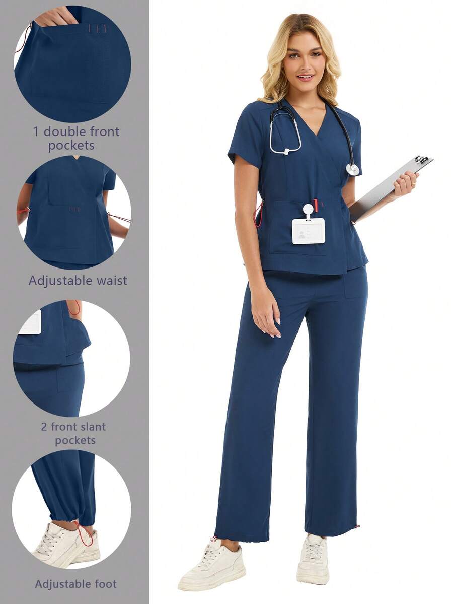 cimmuovere 女式 V 领短袖撞色抽绳口袋上衣和松紧腰多口袋可调节下摆裤子磨砂护士工作服牙医医疗保健宠物医院实验室制服套装