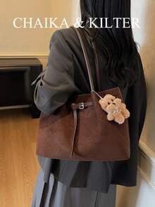 CHAIKA & KILTER 女士纯色PU皮革单肩包，复古时尚方形包，双提手设计，按扣闭合，肩带装饰，适合日常和户外使用（附赠吊坠） - 咖啡 - 查看 6