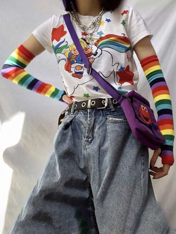 1 Pair Rainbow Cute Harajuku Style Knitted Arm Warmers, Fashion Versatile, Sweet & Cute, Soft & Comfortable, Suitable For Cold Weather, Halloween, Christmas, Winter Outdoor Cycling