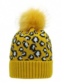 Custom Knitted Leopard Print Fuzzy Pom Pom Beanie Hat