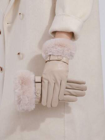 1 双女士皮手套，带毛茸茸袖口，时尚保暖内衬触摸屏手套，防水防风 PU 皮手套