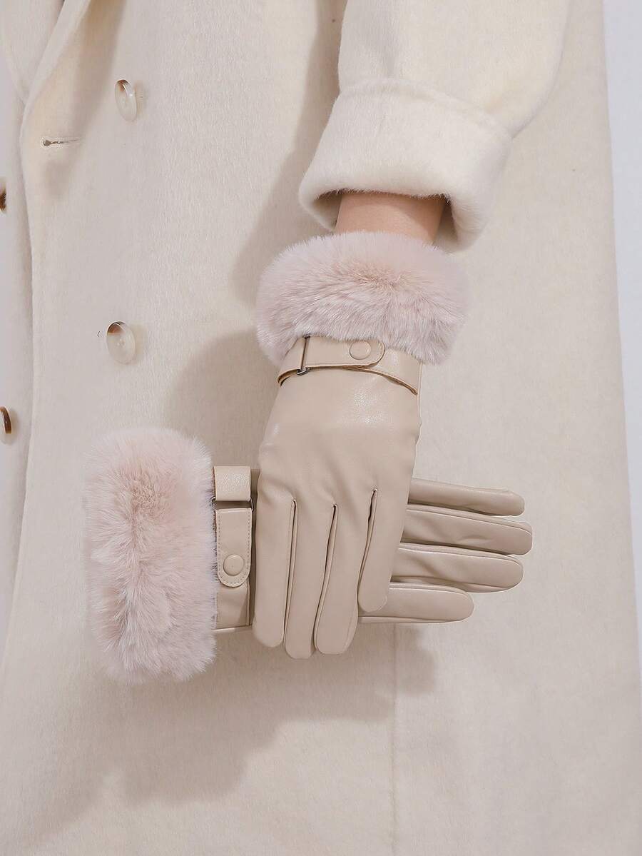 1 双女士皮手套，带毛茸茸袖口，时尚保暖内衬触摸屏手套，防水防风 PU 皮手套 - 米色毛口皮帶扣 - 查看 1