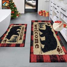 1 pieza/2 piezas Felpudo antideslizante para baño con diseño de oso de bienvenida, árboles de pino y cuadros, de material de felpa de cachemira sintética, decoración esponjosa adecuada para baños, entradas, cocinas y decoraciones festivas, lavable a máquina, idea de regalo - Multicolor - Ver 2