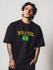 Camiseta Oversized BRASIL Gola Alta Streetwear Algodão Estilo Urbano Treino Casual Preto Off Whte e Marrom Estampada BRAZIL Core Futebol Copa do Mundo Jogo - Preto - Visão 1