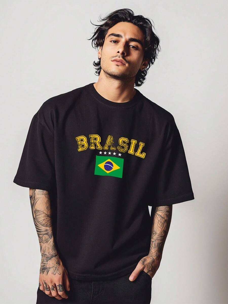 Camiseta Oversized BRASIL Gola Alta Streetwear Algodão Estilo Urbano Treino Casual Preto Off Whte e Marrom Estampada BRAZIL Core Futebol Copa do Mundo Jogo - Preto - Visão 1