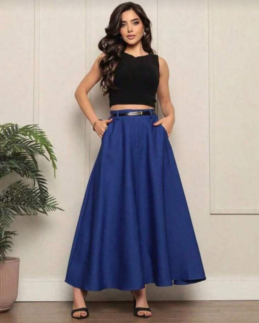 Women's Long Round Skirt Tailoring Evangelical Fashion Casual Basic Winter High Waist Elegant - 寶藍色 - 查看 1
