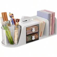 Organizador de escritorio, organizador de lpices multifuncional, soporte para bolgrafos con un soporte para libros, organizador de oficina con 2 cajones, accesorios de escritorio para oficinas - Blanco - Ver 2