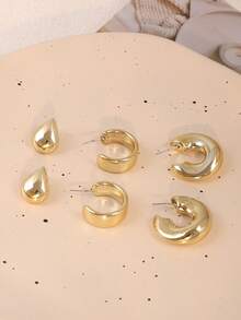 1/3/9 Pairs Elegant Geometric Water Drop C-Shaped Threaded Gold Tone Earrings Set, Suitable For Dates, Parties, Holidays, And Daily Wear