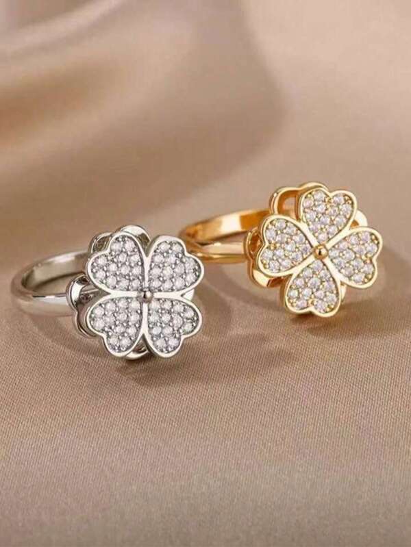 1pc Stainless Steel Zirconia Heart-Shaped Four-Leaf Clover Rotating Open Ring, Luxurious And Elegant, Suitable For Women's Daily Wear, Christmas Holiday Gift