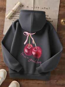 青少年女孩休闲印花保暖连帽运动衫，适合春秋冬季 - 深灰色 - 查看 3