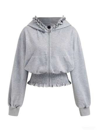 Women's Elegant Cinched Waist Frill Trim Hooded Zip Pocket Gray Sweatshirt, Autumn