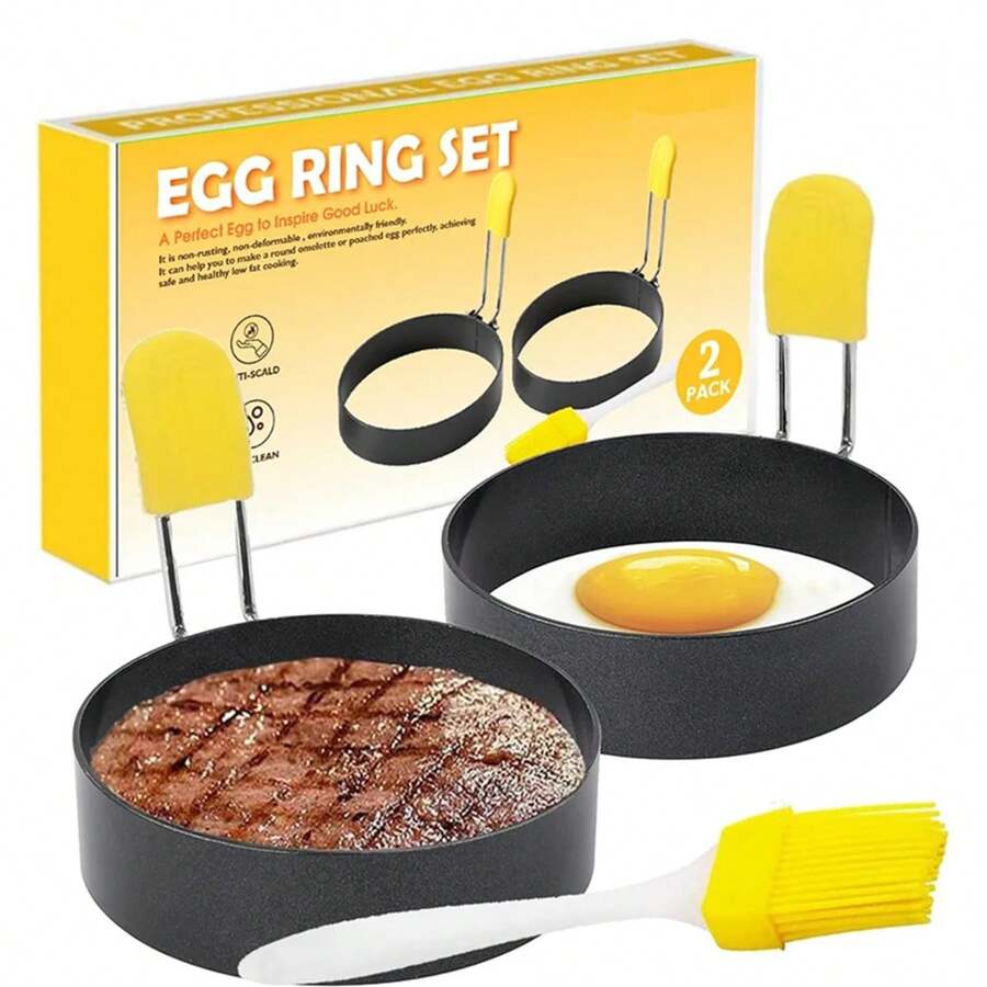 Juego de anillos redondos para huevos de acero inoxidable, molde moldeador de huevos con mango de silicona anti-escaldaduras, anillo antiadherente para cocinar huevos para freír - Negro - Ver 1