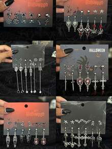 12 cercei gotici cu craniu, liliac, cruce metalică creativă, cercei cu pandantiv cu aripă de păianjen, potriviți pentru ținute de Halloween, cadou pentru prieteni