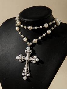 1pc Fashion Metal Punk Style Cross Necklace, Exaggerated Faux Pearl Multi-Layer Necklace For Women, Suitable For Daily, Party, Wedding, Gift (Handmade Chain Customized Length, Pearl Quantity Varies) - 28848-nek-s White - View 3