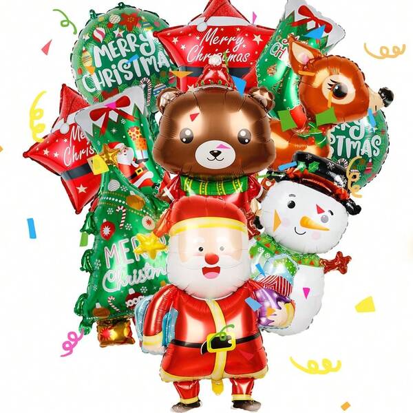 Set de 11 piezas de globos decorativos de Papá Noel, árbol de Navidad, reno, oso de Navidad, calcetines navideños, muñeco de nieve, adecuado para suministros de fiesta de Navidad y creación de escenas de Año Nuevo, regalos sorpresa para fiestas