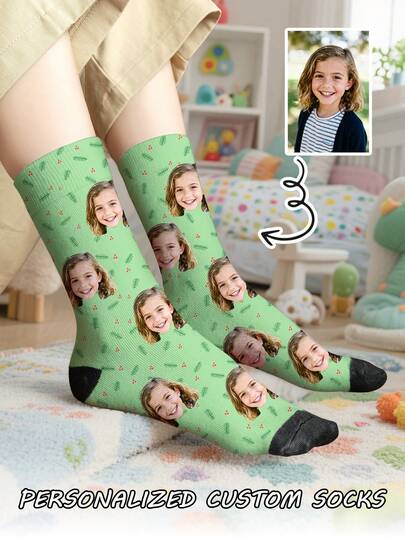 1 Pair Of Customized Face Children's Mid Tube Socks, Put Any Face On Socks,Boy And Girl, Personalized Socks For With Photos, Interesting Customized Picture Pairs With Medium To Long Socks, Suitable For Valentine's Day, Birthdays, Gift Giving
