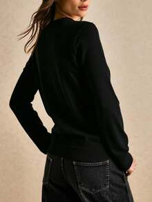 Suéter para mujer estilo casual sencillo tejido color sólido ajustado escote V manga larga otoño invierno uso diario oficina - Negro - Ver 2