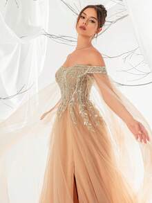 VIPGIRL Off Shoulder Sequin Embellished Long Mesh Evening Gown - Champagne - View 6