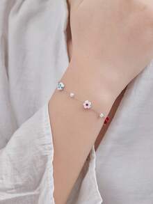 1 pieza Pulsera de flor de vidrio resistente al color hecha a mano, pulsera minimalista de mujer de acero inoxidable con flor de color mixto