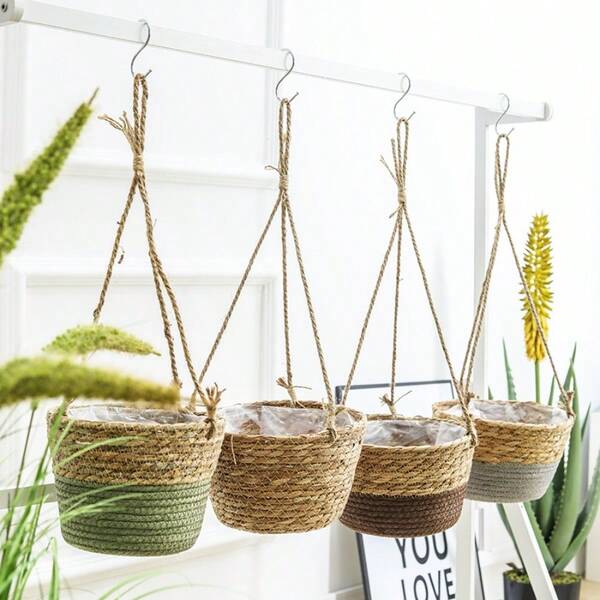 Ensemble de paniers suspendus tressés bohèmes - Design en rotin asymétrique non fini, support de plante d'intérieur léger pour la décoration de verdure réelle et artificielle. Couleur aléatoire