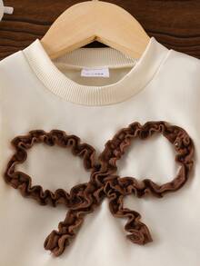 2pcs Baby Girl Ruffle Trim Bow Decor Long Sleeve Sweatshirt And Solid Color Casual Sweatpants Set - Apricot - View 3