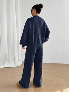 2件套针织系带开衫+阔腿裤套装，休闲时尚欧美ins风修身两件套西装，时尚女性套装必备 - 藏蓝色 - 查看 3