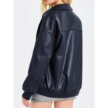 Womens Faux Leather Jackets Oversized Bomber Casual Fall Fashion Zip Up Moto Biker Coats - Dark Blue - 查看 4