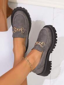 Women's Fashion Round Toe Chunky Heel Pumps With Chain Decor, Versatile & Practical, Perfect For Spring/Summer Music Festivals And Parties, Black - Grey - View 10