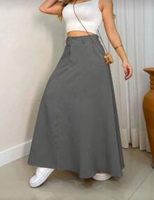 Women's Long Round Skirt Tailoring Evangelical Fashion Casual Basic Winter High Waist Elegant - 灰色 - 查看 1