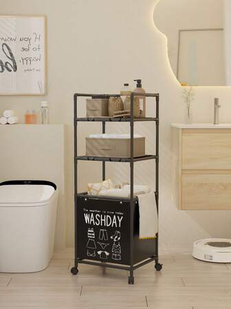 1pc Multi-Layer Bathroom Storage Rack With Swivel Wheels, Laundry Hamper, Underwear & Clothing Organizer, Towel Rack, Movable Washing Machine Storage Basket, Space-Saving Multifunctional Storage Box, Modern Black Design For Bathroom And Bedroom, Easy To Assemble Non-Fabric Laundry Basket
