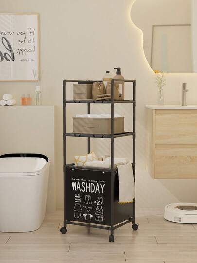 1pc Multi-Layer Bathroom Storage Rack With Swivel Wheels, Laundry Hamper, Underwear & Clothing Organizer, Towel Rack, Movable Washing Machine Storage Basket, Space-Saving Multifunctional Storage Box, Modern Black Design For Bathroom And Bedroom, Easy To Assemble Non-Fabric Laundry Basket Bathroom Accessories Bathroom Tools