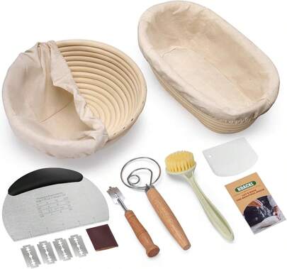 KOACKL Sourdough Starter Kit, 10&#34; Oval Banneton Sourdough Bread Baking Supplies With Bread Scoring Lame, Scrapers, Dough Whisk, Sour Dough Bread Proofing Basket Tools For Fermentation