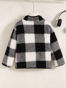 男童休闲格子拉链立领长袖羊毛夹克，适合秋冬季