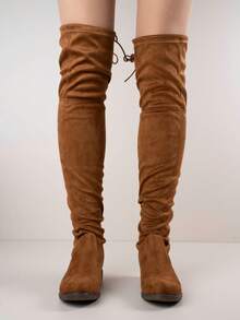 Over The Knee Boots With Low Block Heel And Soft Suede Finish - Camel - View 6