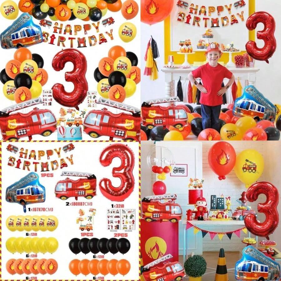 Globos Cumpleaños Niño 3 Años, Decoración Cumpleaños 3 año Niño Camión de Bomberos Globos de Cumpleaños 3 años, Camión de Bomberos Globo Cumpleaño Decoración Pegatinas Adornos Tartas para Niños(3 Years) - Tipo 1 - Ver 1