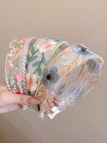 3 piezas Diademas con bordado de flores de estilo retro chino para niñas, tocado de tela floral de ala ancha