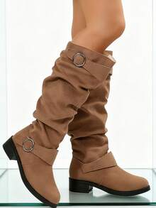 Women's Buckle Knee High Boots Slouchy Chunky Heeled Side Zipper Long Tall Boots Comfortable Fashionable Autumn Fall Boots - 咖啡棕 - 查看 4
