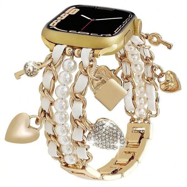 1pc Faux Pearl Beaded Watch Band Compatible With Apple Watch 38/40/41/42/44/45/46/49mm, Suitable For Women - Cuban Link Bracelet, With Cute Pendant Charm, Apple WatchWatch Seamsung Galaxy Watch 7/6/5/4/Active2 Classic 40/44mm, HUAWEI And Other 20mm/22mm Watch Faces (Band Only)