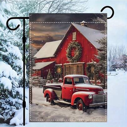 Merry Christmas Garden Flag - Double-Sided, Waterproof Outdoor Decor With Red Truck & Snowy House Design, Durable Polyester, 12x18 Inches.