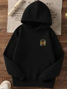 1pc Tween Boy Casual Printed Pullover Sweatshirt, Thermal Lined, Long Sleeve, Autumn/Winter