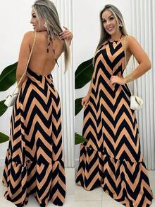Women's Long Zig Zag Dress With Halter Neck And Back - Rust Brown - View 1
