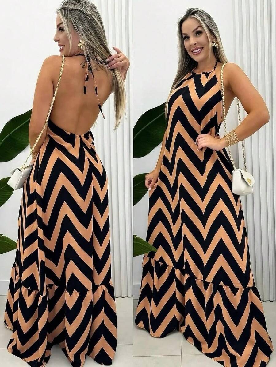 Women's Long Zig Zag Dress With Halter Neck And Back - Rust Brown - View 1