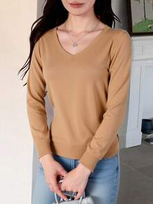 Suéter para mujer estilo casual sencillo tejido color sólido ajustado escote V manga larga otoño invierno uso diario oficina - Beis - Ver 3