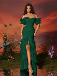 VIPGIRL 女士露肩网纱高开衩多层荷叶边长款晚礼服 - 墨綠色 - 查看 1