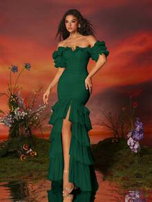 VIPGIRL 女士露肩网纱高开衩多层荷叶边长款晚礼服 - 墨綠色 - 查看 7