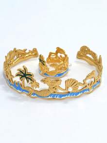 2pcs Bohemian Style Ocean Beach Stainless Steel Dangle Bracelet & Ring Jewelry Set, Featuring Starfish, Palm Tree, Shell, Pearl, Mermaid, Dolphin Designs, Suitable For Women Holiday Travel