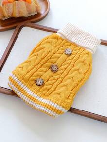 1件寵物衣服 狗貓適用 小狗幼犬可愛寵物服 透氣保暖 秋冬舒適新款 粗針編織鈕扣毛衣 黃色 - 彩色 - 查看 12