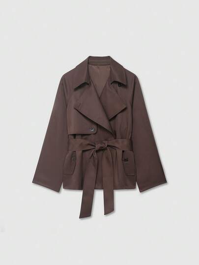 Old Money Snörning Vintage Minimalistisk Kort Brun Trenchcoat